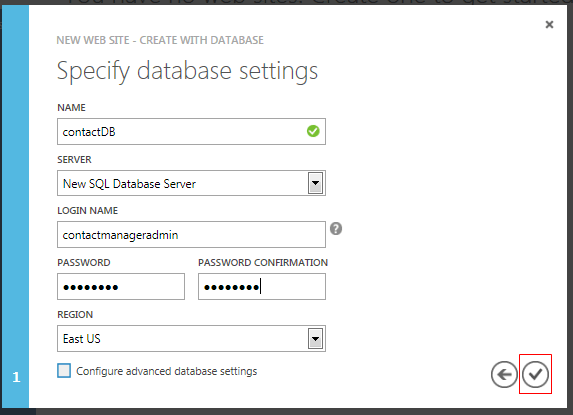 Database Settings step of New Web Site - Create with Database wizard